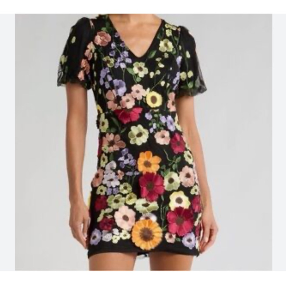 Adelyn Rae Black Dress with Purple and Green Floral Embroidery